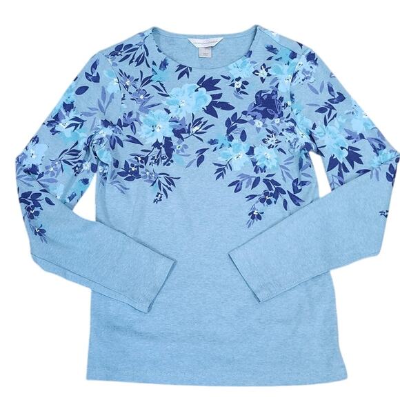 Cj Banks VTG Light Blue, Dark Blue  Long Sleeve Floral T Shirt Womens Size Small - Picture 3 of 11
